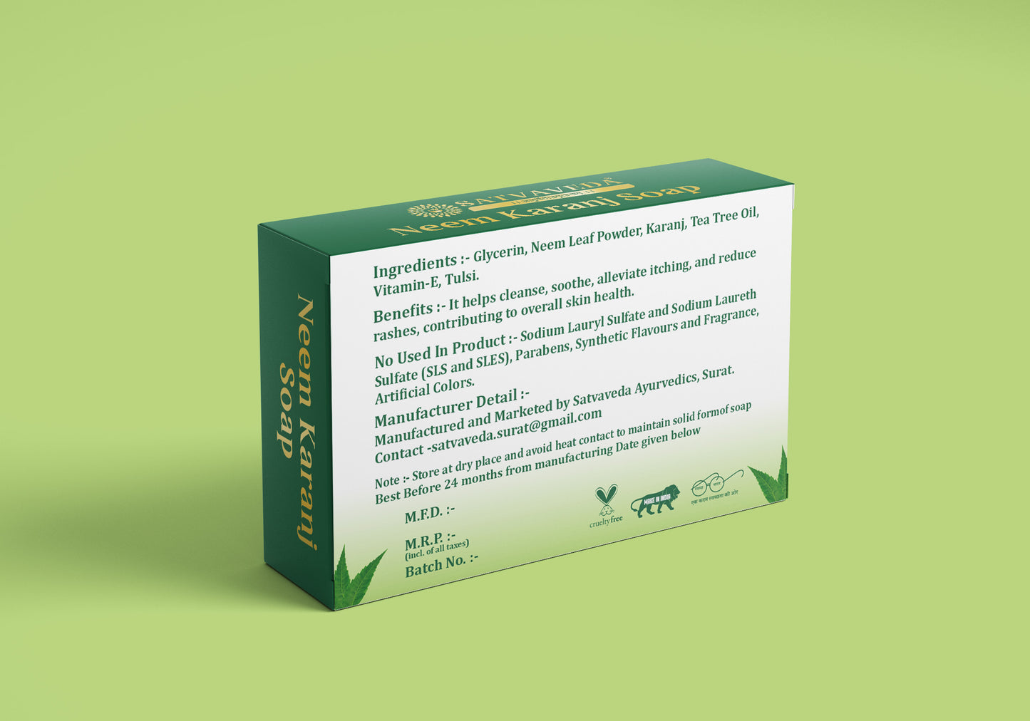 Satvaveda Neem & Karanj Soap – Ayurvedic Relief for Itchy Skin – Handmade, Paraben & SLS Free – 100g
